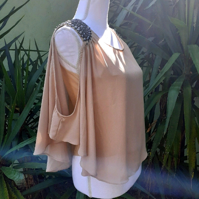 Taupe Beaded Sleeveless Flowy Blouse